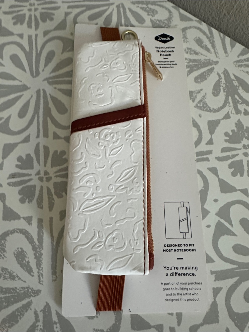 White Embossed Vegan Leather Notebook Pouch with Brown Accent NWT